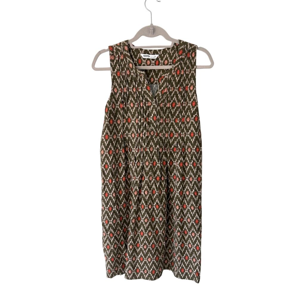 Sonoma Goods for Life Green & Brown Ikat Print Sleeveless Linen Blend Dress M